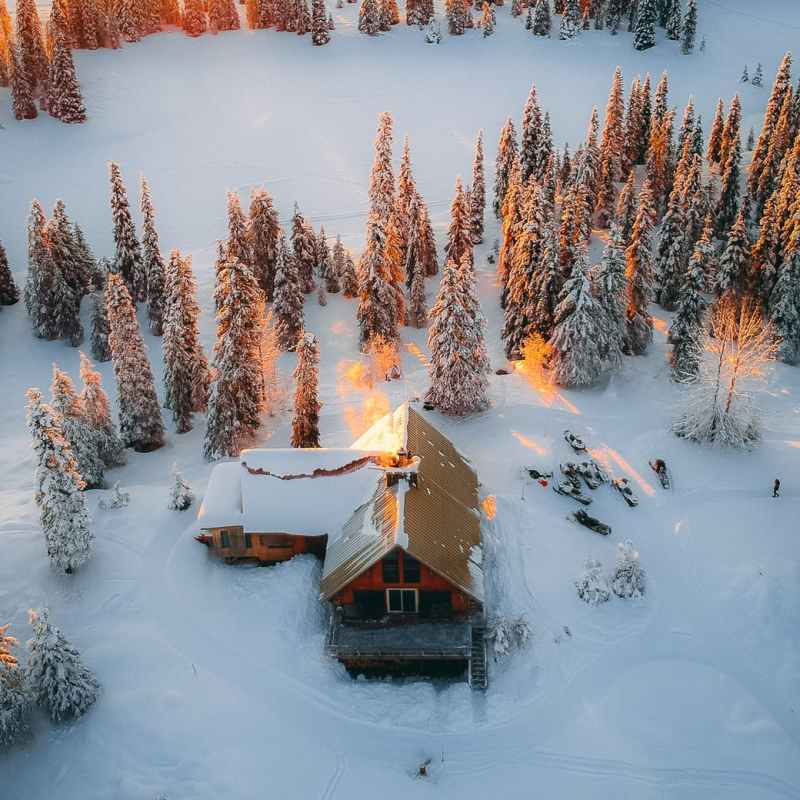 aerial photography of house field and trees covered with snow