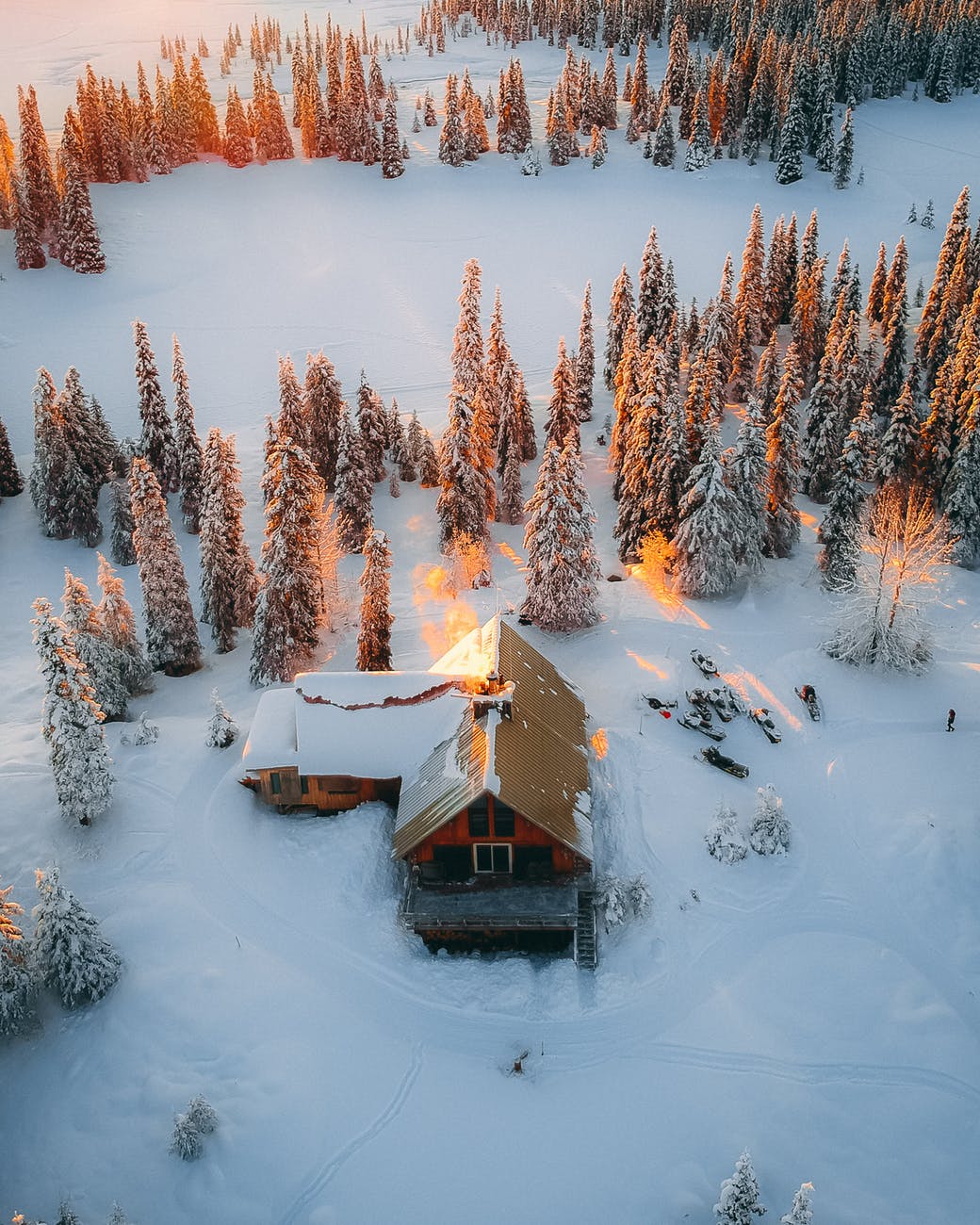 aerial photography of house field and trees covered with snow